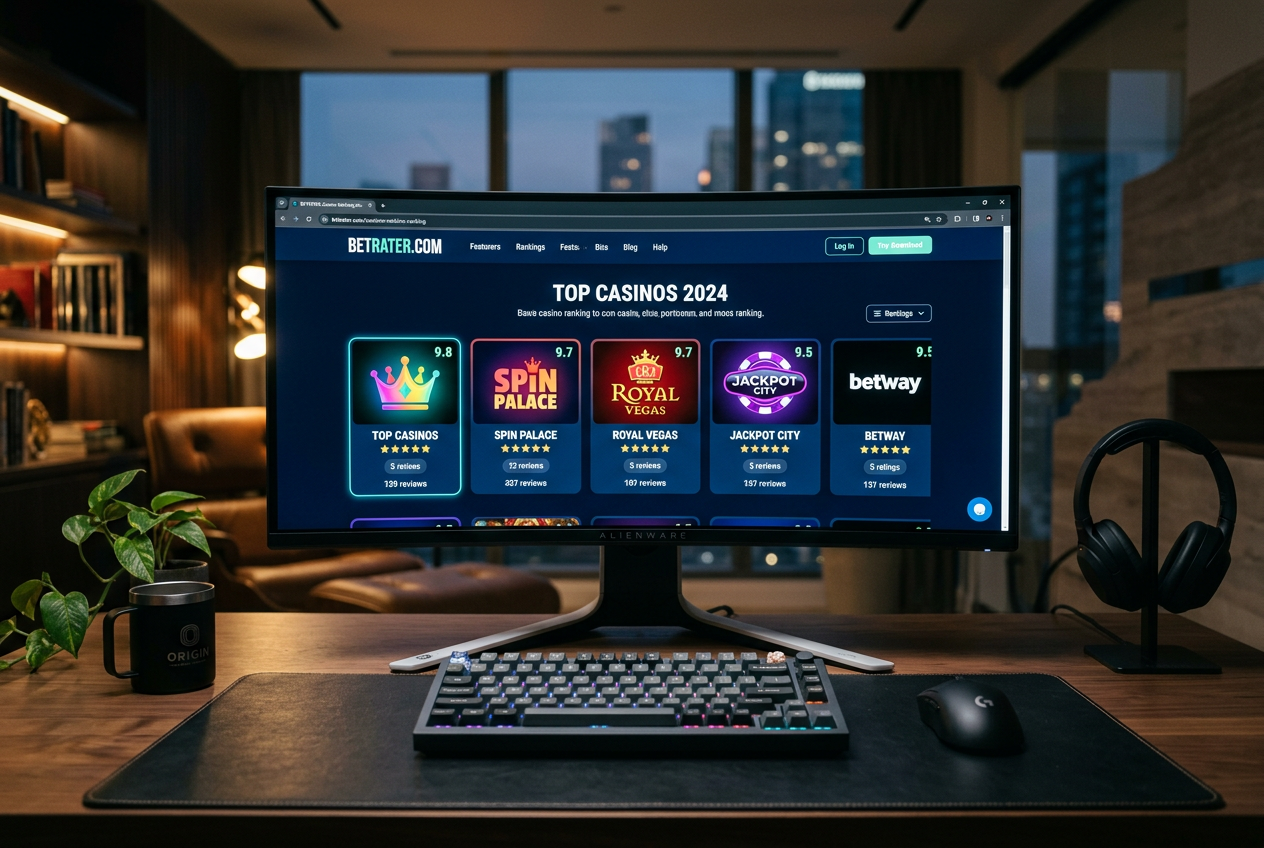A professional workspace showing a top-tier casino ranking on a modern computer screen