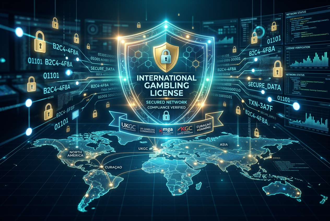 Futuristic holographic shield representing digital security and gambling licenses.
