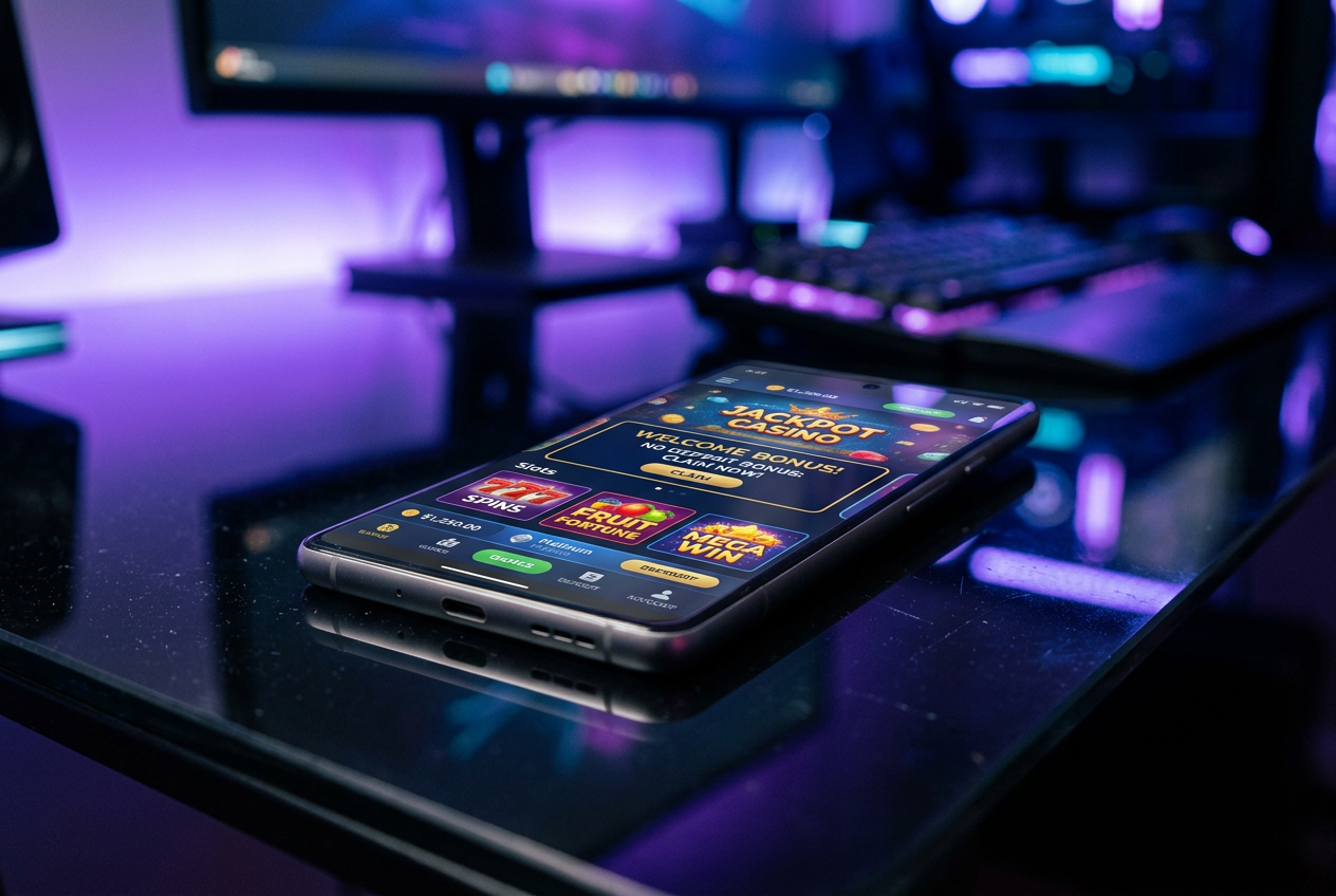 Smartphone showing a modern casino app interface with a bonus notification.