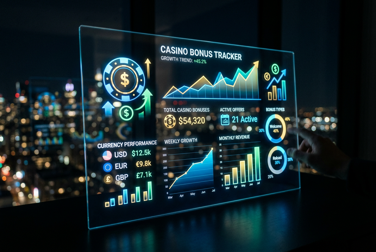 Futuristic digital dashboard showing casino bonus data.