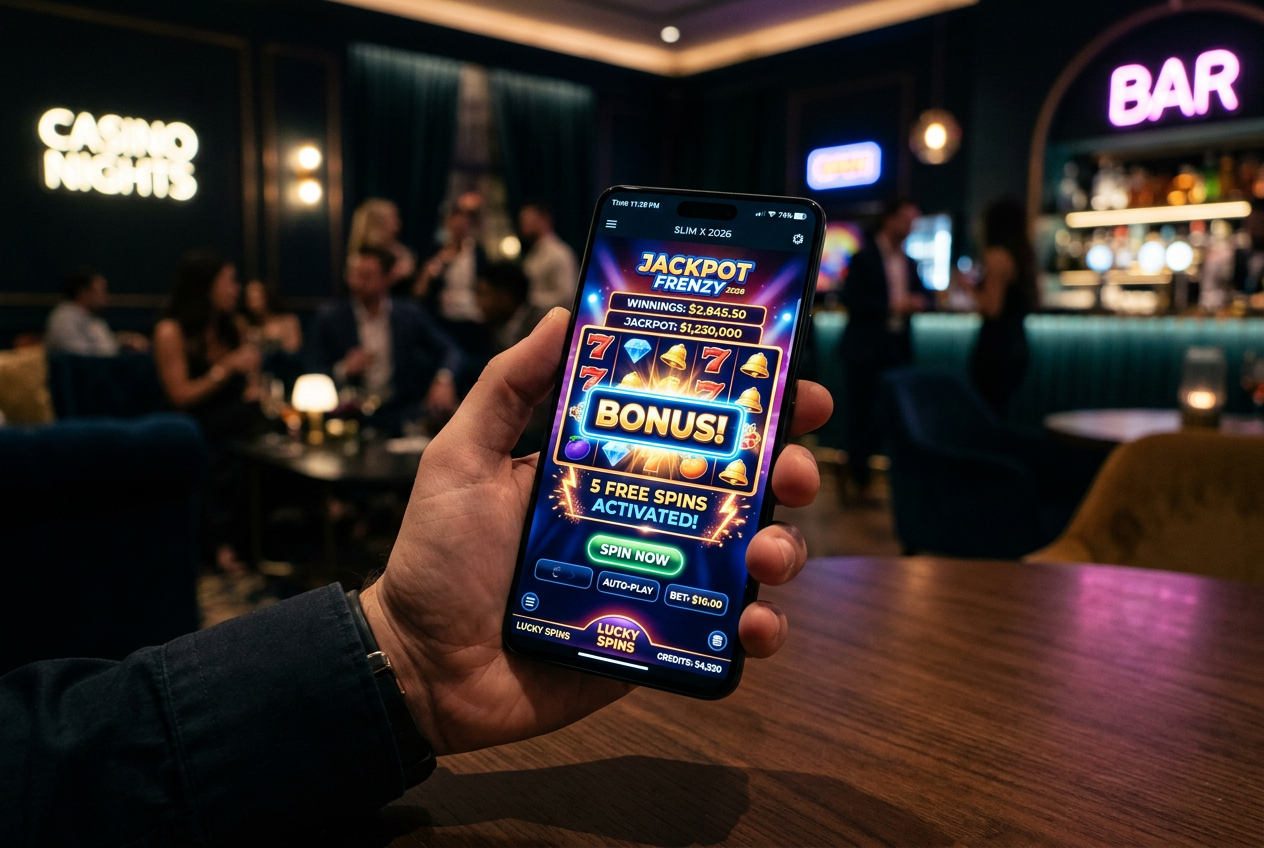 A modern smartphone showing a colorful online casino app in a luxury setting.