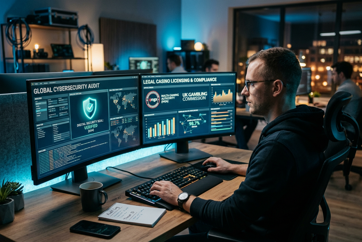 A professional analyst reviewing secure casino licensing on a modern workstation.